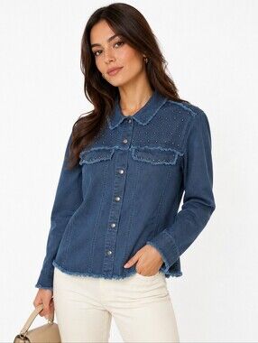 Indigo Thread Women's Long Sleeve Button Down Studded Fringe Top Blue Boho Chic